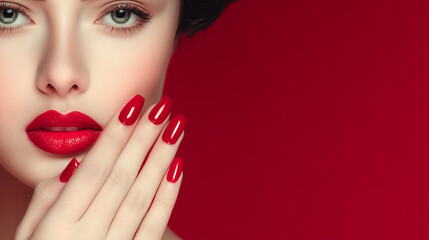 Beautiful girl with a classic make up and red nails. Manicure design. Beauty face.