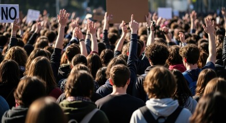 United in dissent, a dense crowd of protesters is viewed from behind, with many hands raised during a public street demonstration