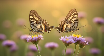 Obraz premium Two butterflies perched on purple flowers with soft focus background