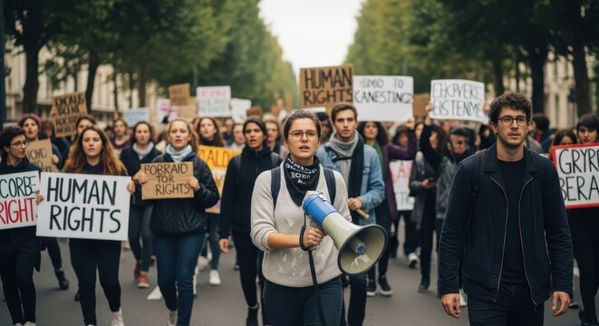 A diverse group of young activists march for human rights in a city protest, led by a woman with a megaphone shouting for change - Powered by Adobe