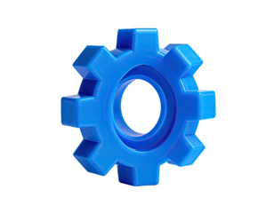 3D render of a bright blue gear with a centered circular hole, on black