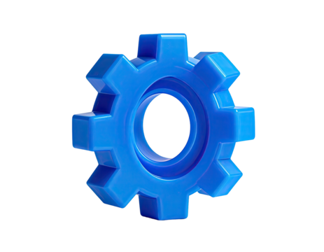 3D render of a bright blue gear with a centered circular hole, on black