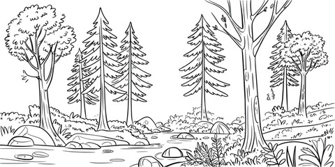 Forest scene with river, rocks, trees, and foliage woods pine trees