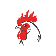 Rooster head profile with red comb and wattle on white background