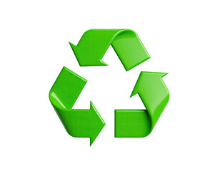 Obraz premium A glossy, green triangular symbol composed of three curved arrows, isolated on black