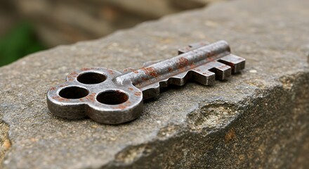 Vintage key on stone surface close up