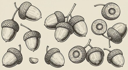 Vintage illustration of acorns and oak galls on neutral background