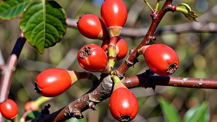 Close-up of Vibrant Red Berries on Branches with Glossy Leaves in a Natural Sunlit Setting Highlighting Botanical Beauty - Powered by Adobe