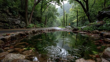 Naklejka premium Peaceful forest path with a serene puddle reflecting lush green trees, showcasing nature's tranquility after a rainfall.