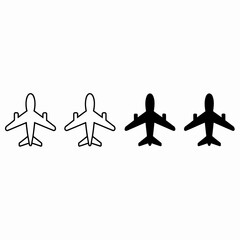 Airplane icon set with black and white jet silhouettes for design and travel themed projects