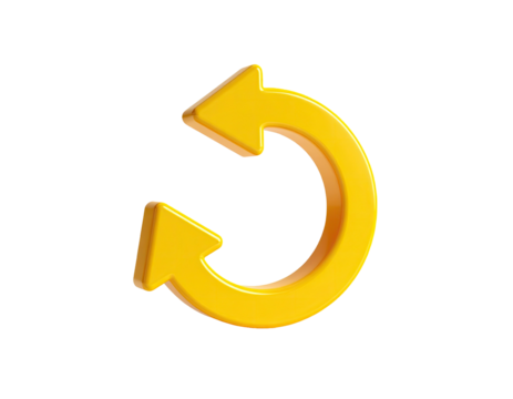 A rendered, yellow, curved arrow symbol, against a stark black background