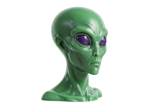 Isolated bust statue of a bald green humanoid alien with purple eyes on a smooth surface