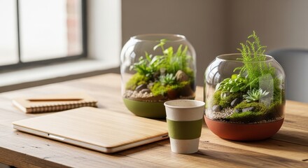 Hyper-real still life showcasing a sustainable office desk setup with a bamboo laptop case and lush plant terrariums, bathed in natural light
