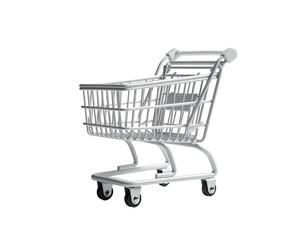 White shopping cart on black background, showing wheels and basket details