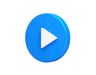 A 3D, blue button with a white triangle, isolated on black background