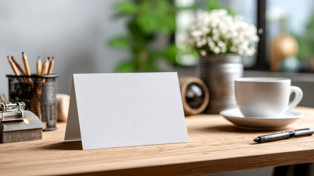 A blank white greeting card sits on a wooden desk next to a cup of coffee and office supplies.