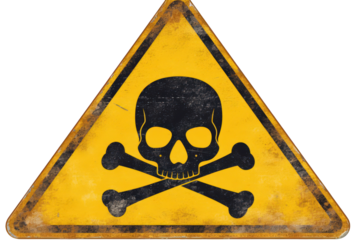 Distressed Yellow Hazard Sign with Skull and Crossbones on Transparent Background Warning Sign Symbol Danger Toxicity and Risk Grunge Texture Illustration Weathered Design Concept Graphic Element