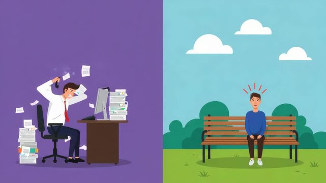 Discover stress management by contrasting work chaos with serene outdoor experiences
