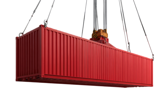 Red shipping container hoisted by crane