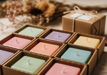Fototapeta premium A collection of colorful square candles in a box, ready for gifting or decoration