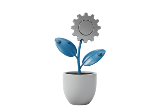 Isolated flower in a pot with gray gear head, blue leaves, and dew drops looking futuristic