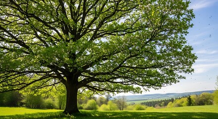 Obraz premium Majestic Oak Tree in Lush Green Meadow on a Sunny Day.
