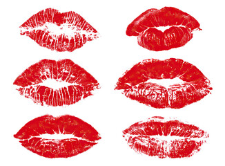 Set of red lipstick kiss marks, isolated on transparent cutout background