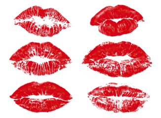 Set of red lipstick kiss marks, isolated on transparent cutout background