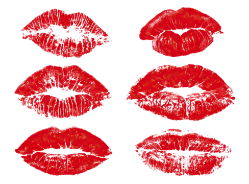 Set of red lipstick kiss marks, isolated on transparent cutout background
