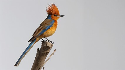Full-body royal flycatcher perched with crest flattened and long tail, isolated on white