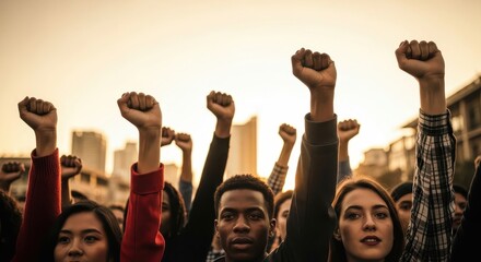 Wide shot of diverse group of young adults holding blank signs, protesting in an urban alleyway with brick buildings under natural midday lighting They are raising their fists