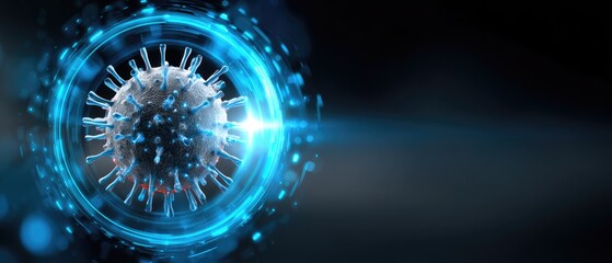 vaccine virus development concept. 3D abstract representation of a virus with glowing effects in a dark background.