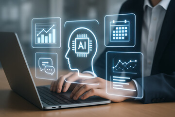 Man using laptop with glowing icons for ai brain business intelligence analytics calendar and communication representing data management