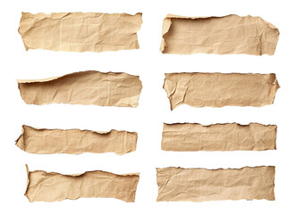 Collection of wrinkled kraft paper strips in beige tone, isolated on transparent cutout background