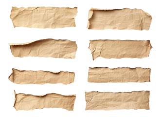 Collection of wrinkled kraft paper strips in beige tone, isolated on transparent cutout background