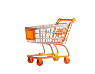 Cartoon shopping cart on a black background, with an orange and white color scheme