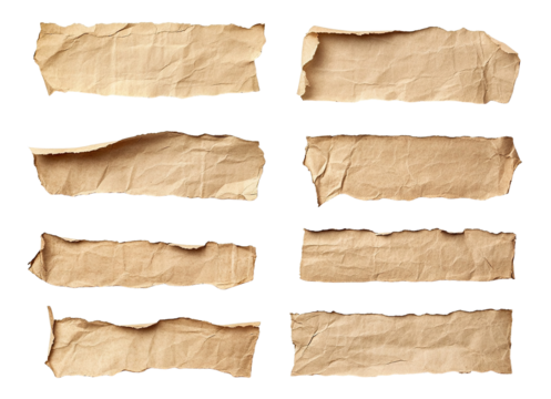 Collection of wrinkled kraft paper strips in beige tone, isolated on transparent cutout background