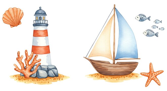 Watercolor nautical elements lighthouse sailboat starfish seashell on white - Powered by Adobe