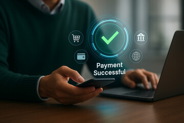 Person holding smartphone with payment successful screen overlay and secure transaction icons for mobile banking and ecommerce