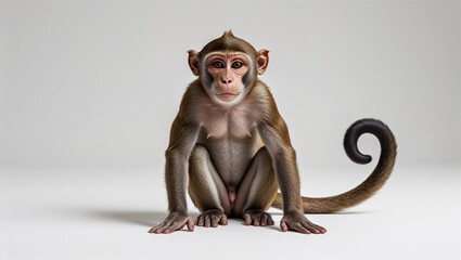 Full-body snub-nosed monkey sitting with curled tail and eyes forward, isolated on white