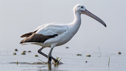 Full-body spoonbill wading with long bill and thin legs, seen from side on white background