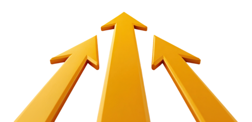 Set of three orange arrows pointing upward in a 3D glossy style, isolated on transparent cutout background