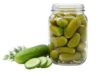 Isolated glass jar of homemade pickled cucumbers with fresh and sliced cucumbers nearby