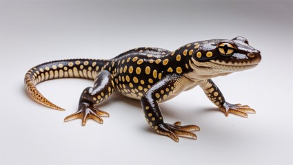 Full-body spotted salamander with legs spread and spotted skin shown, isolated on white