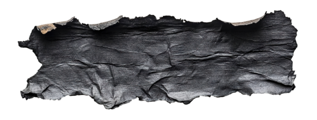 Torn strip of burnt black paper with rough edges, isolated on transparent cutout background