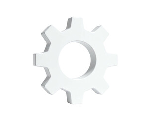 White 3D gear icon on a transparent background, mechanical and functional