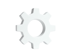 White 3D gear icon on a transparent background, mechanical and functional