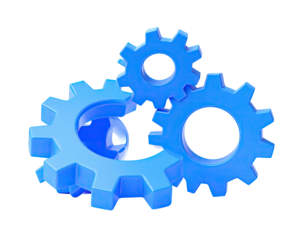 3D render of three light blue gears meshing against a stark black background