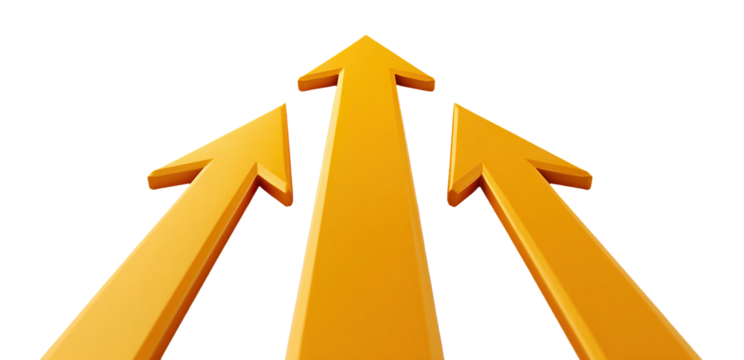 Set of three orange arrows pointing upward in a 3D glossy style, isolated on transparent cutout background