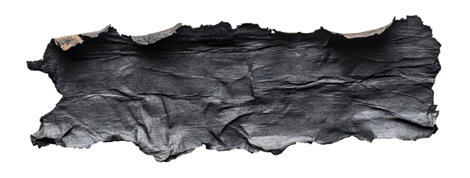 Torn strip of burnt black paper with rough edges, isolated on transparent cutout background